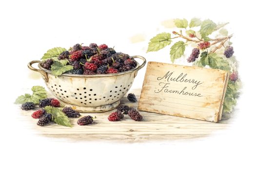 A watercolor image of a vintage white enamel colander full of fresh picked mulberries with the leaves still on a wooden countertop next to a worn and stained recipe card with the word Mulberry Farmhouse and a branch with ripe mulberries.